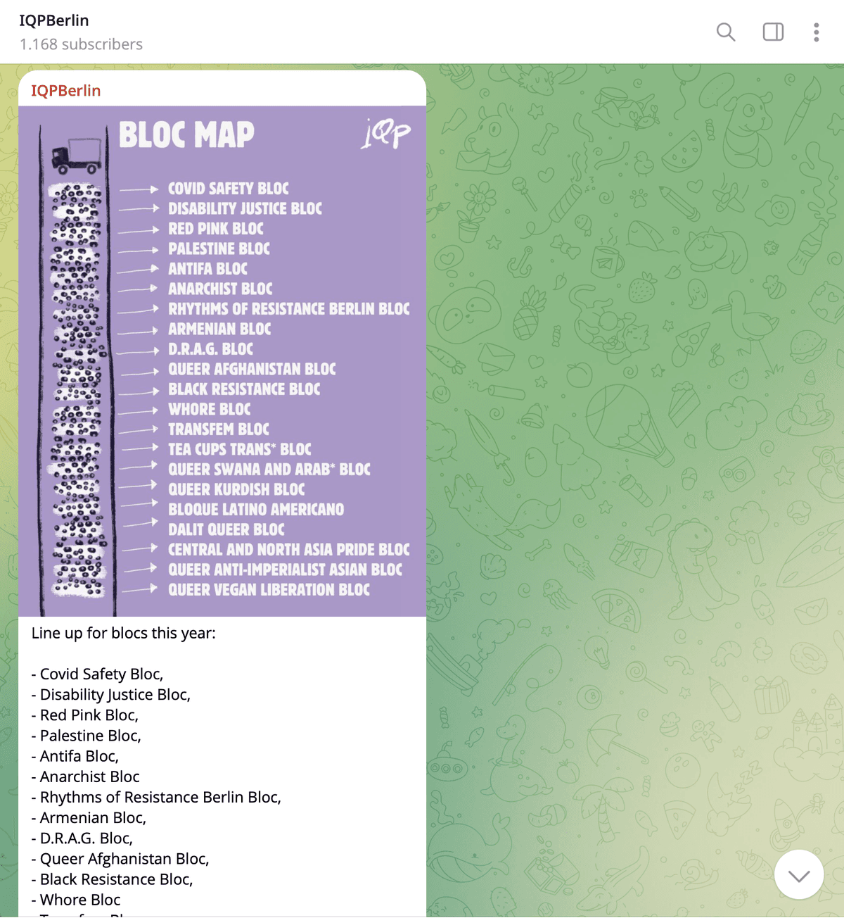 2. Now, we’re in a screenshot of the IQP Berlin Telegram channel. Shown is a post from ‘IQPBerlin’. Its a Bloc Map with people doodled as dots and the names of all the blocks lined up so you know where to go based on what bloc you wanted to join in the demo. 