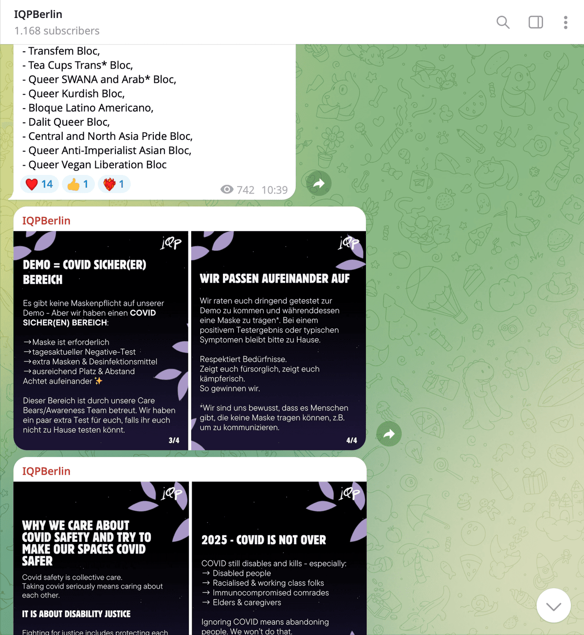 3. Still in the Telegram Channel, a bit further down, we see designed posts also from the ‘IQPBerlin’ account with information about Covid Safety & 2025: Covid is not over. 14 people have ‘hearted' this, one person put a “thumbs up”, and one person put a ‘fire heart’ emoji as a reaction to this post. 