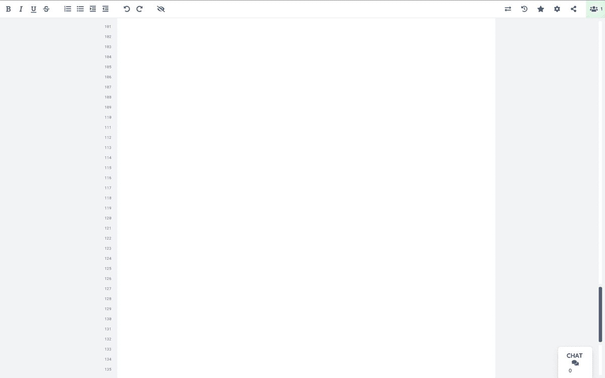1. This is a screenshot of a pad from the feminist technology collective Constant. It is empty, no text populating the pad. It begins on the left on line 101. At the top are commands for the text like “bold” or “italic” or “underline”. Above earlier in the lines on the pad there is a lot of community organizing, hidden from view.