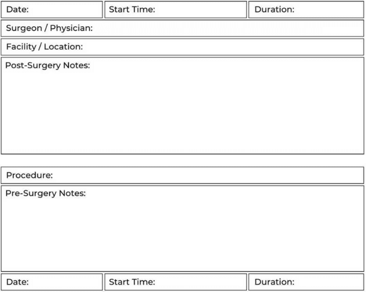 3. This is another document with information on it like ‘Date:”, “Start Time:”, “Duration;”, “Surgeon/Physician:”, “Facility/Location:”, Post-Surgery Notes:”, and “Pre-Surgery Notes;”. All of the boxes remain empty, full of possibility. 