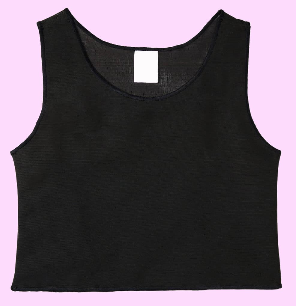 1. This is an underworks compression shirt just like the one I used to wear. Its set on a light pink background. Its double paned on the front and single paned on the back. It looks like a tank-top and is rough though breathable to the touch. When it gets sweaty, best way to get it clean is to soak it in vinegar. 