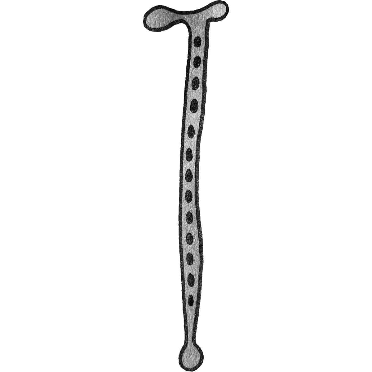 This doodle of a cane has a handle at the top with black dots down the shaft of the cane. In our imaginations we might think of these dots as marbles resting in wood.