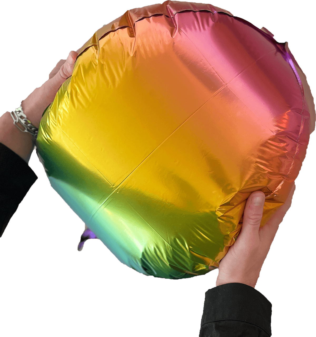 1. Two hands reach from the bottom of the image holding a rainbow shiny balloon and squeezing it a bit. Vibration could be felt.