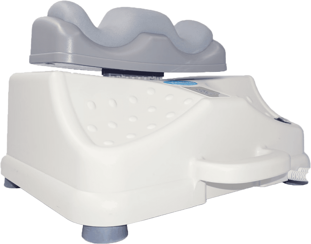 1. A chi machine sits, we view it from below - and can see the spots where two ankles would rest as to rounded divets. The whole machine is rounded and plastic.